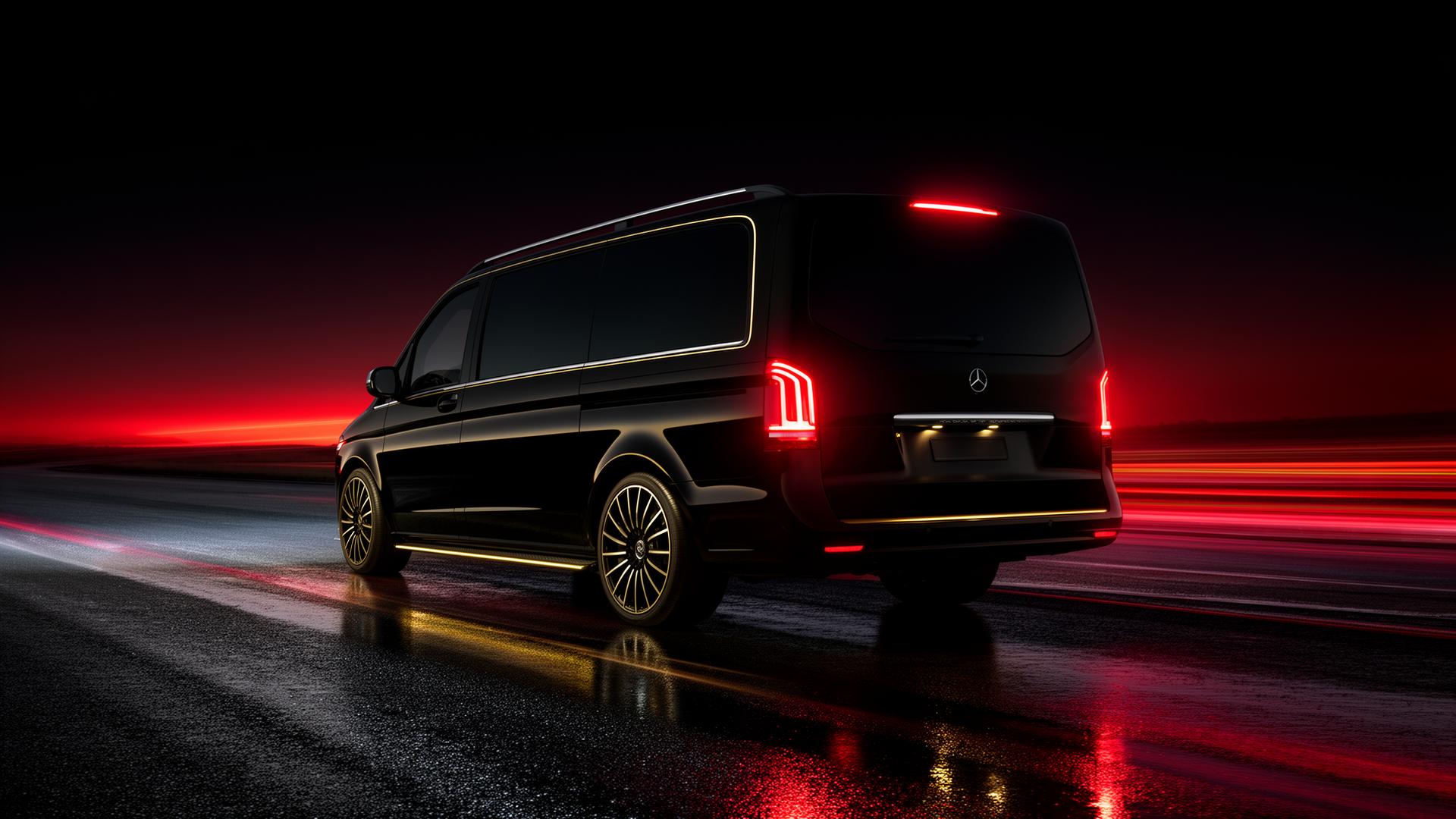 Microbuz premium Leu Transport — vedere din spate pe drum nocturn