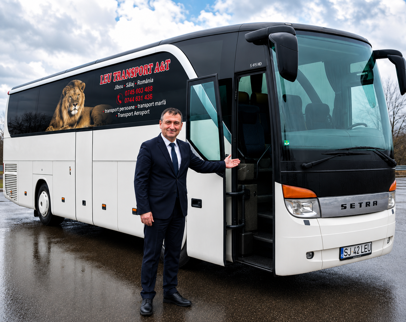Șofer Leu Transport lângă autocarul Setra